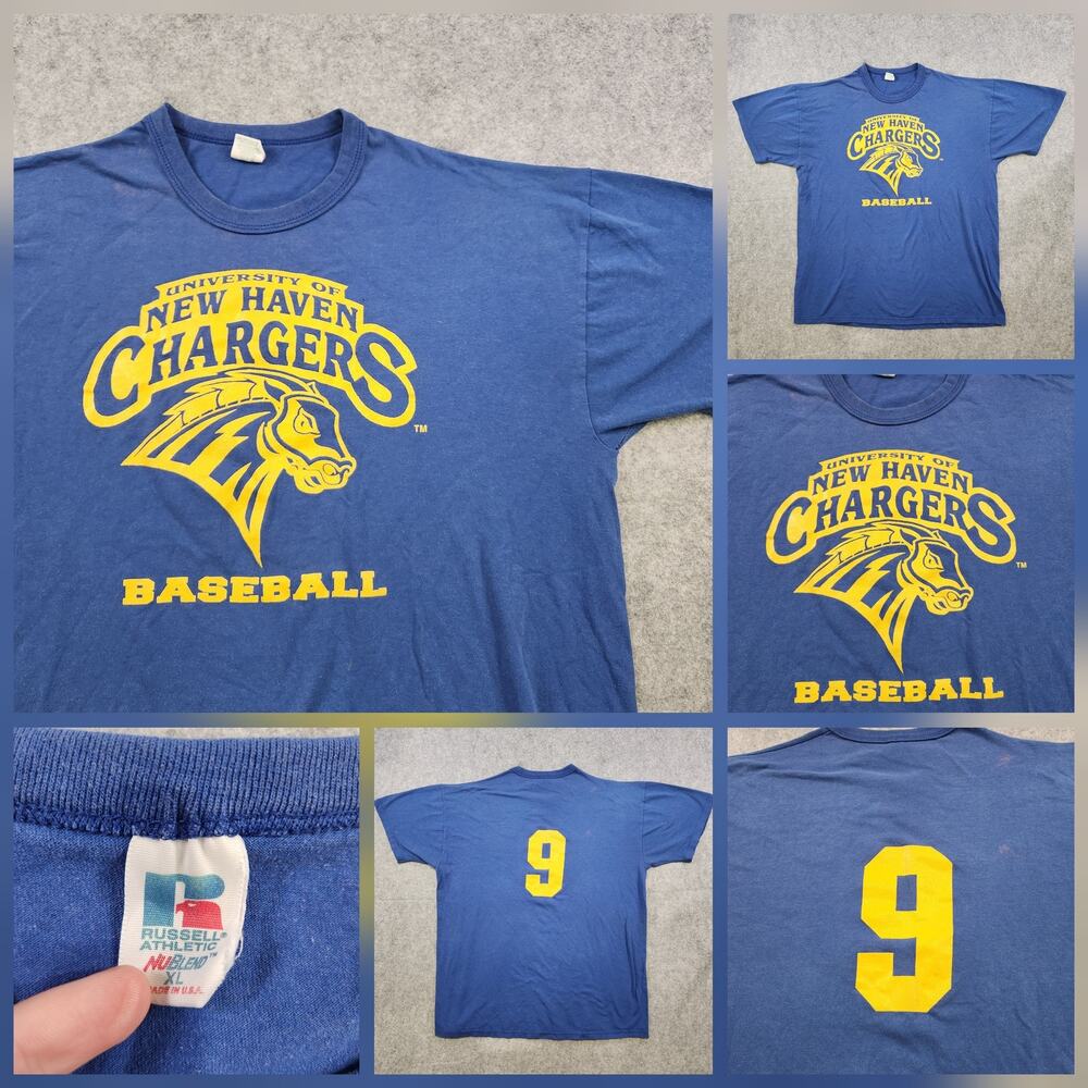 VTG University of New Haven Chargers T Shirt Mens XL Blue NCAA Baseball Made USA